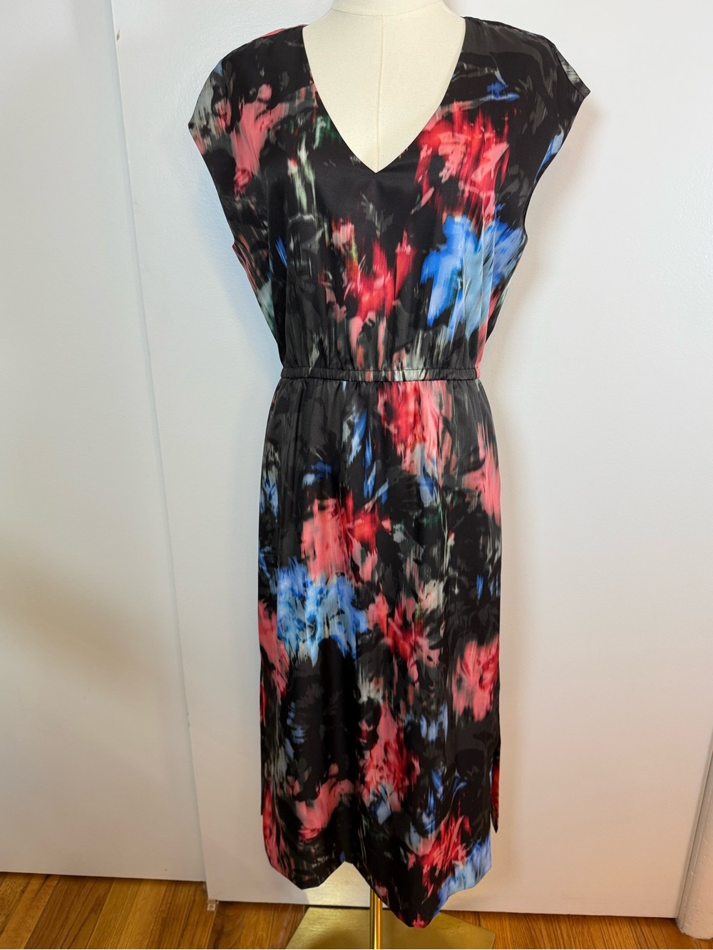 J. Crew Black V-Neck Midi Dress with Red and Blue Abstract Floral